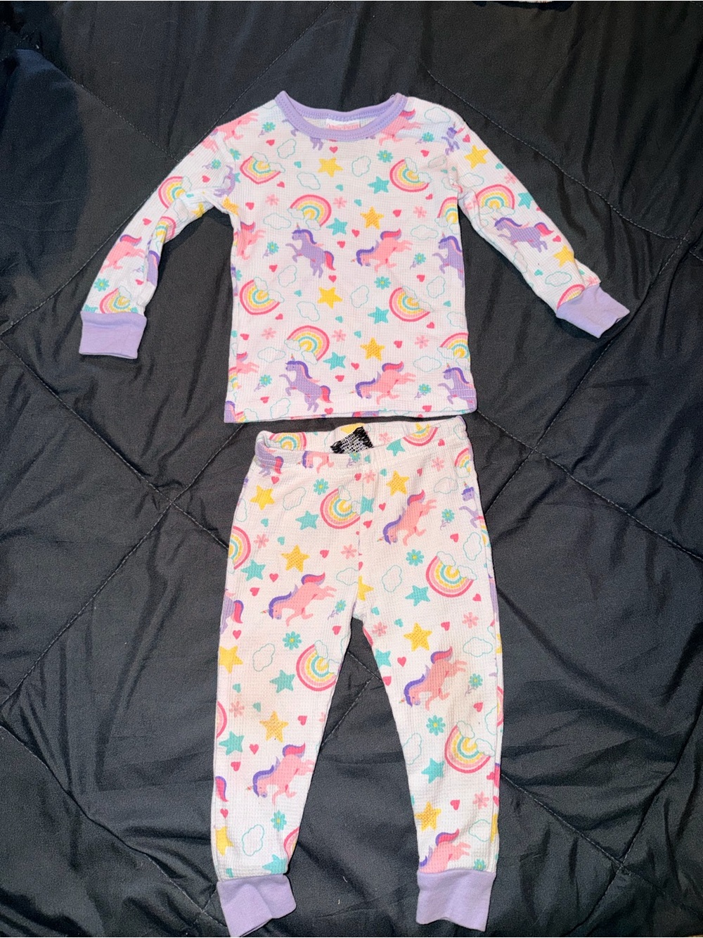 Girls Unicorn & Rainbow Pajama Set in Pastel Purple Trim